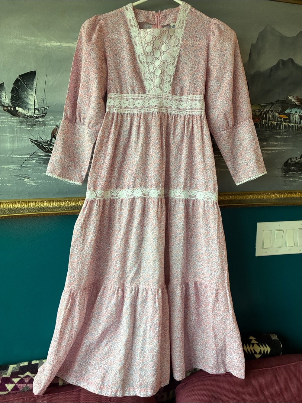 Vintage 70s Donnys Duds Pink Floral Lace Prairie Maxi Dress - Size 8 (fits XS-S)